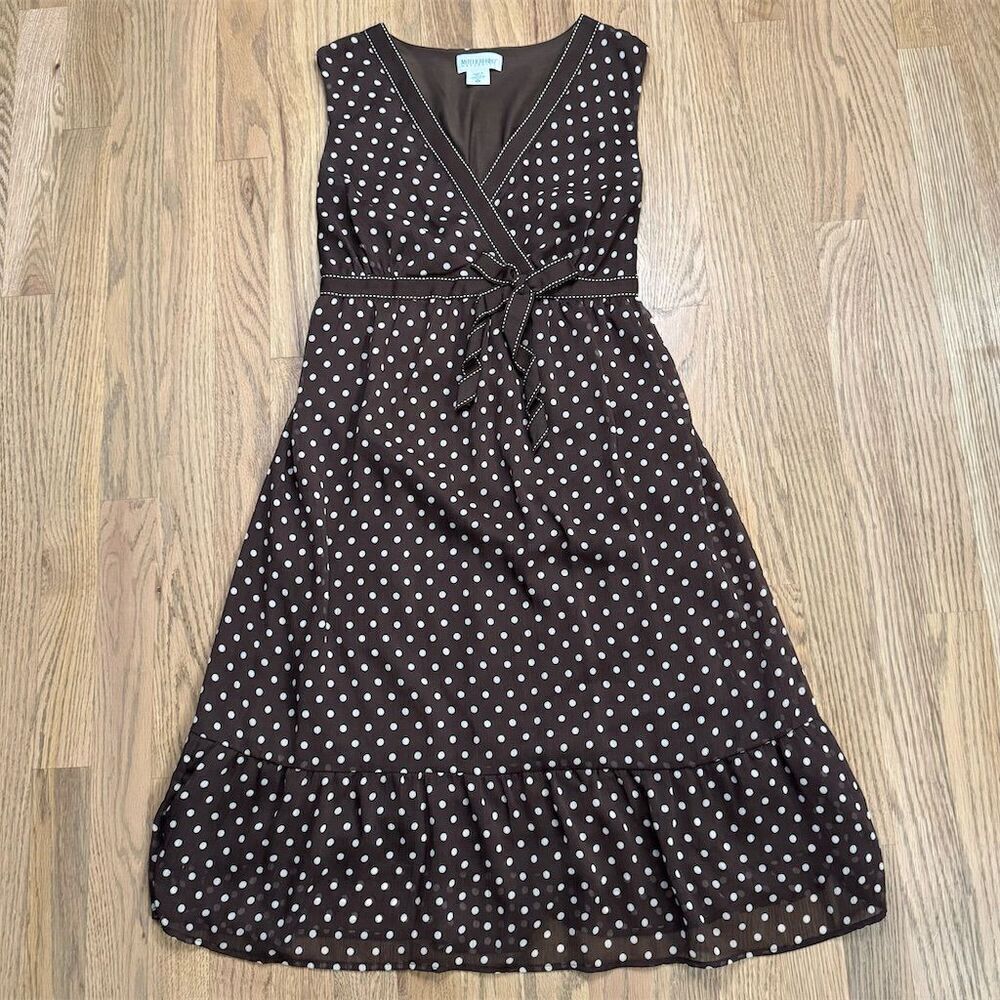 Motherhood Maternity Polka Dot Dress Brown Sleeveless V-Neck Size Medium
